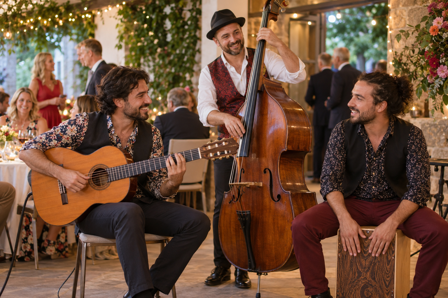 Acoustic trio performing at a reception