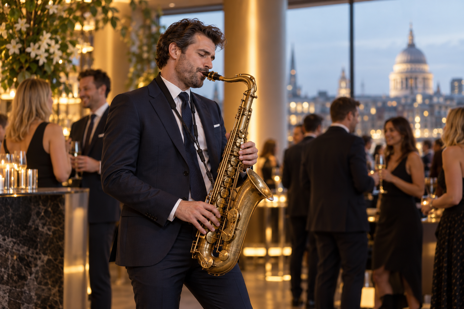 Jazz saxophonist performing at a corporate reception
